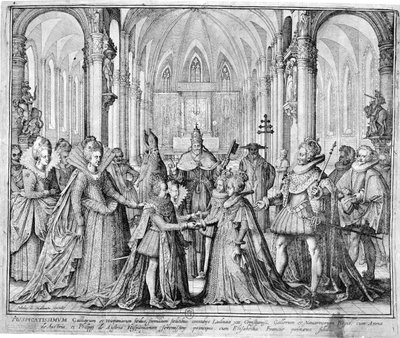 El doble matrimonio en 1615 de Luis XIII (1601-43) con Ana de Austria (1601-66) y Felipe de Austria (1605-65) futuro Felipe IV de España con Isabel de Francia (1602-44) de Nicolas de Mathoniere